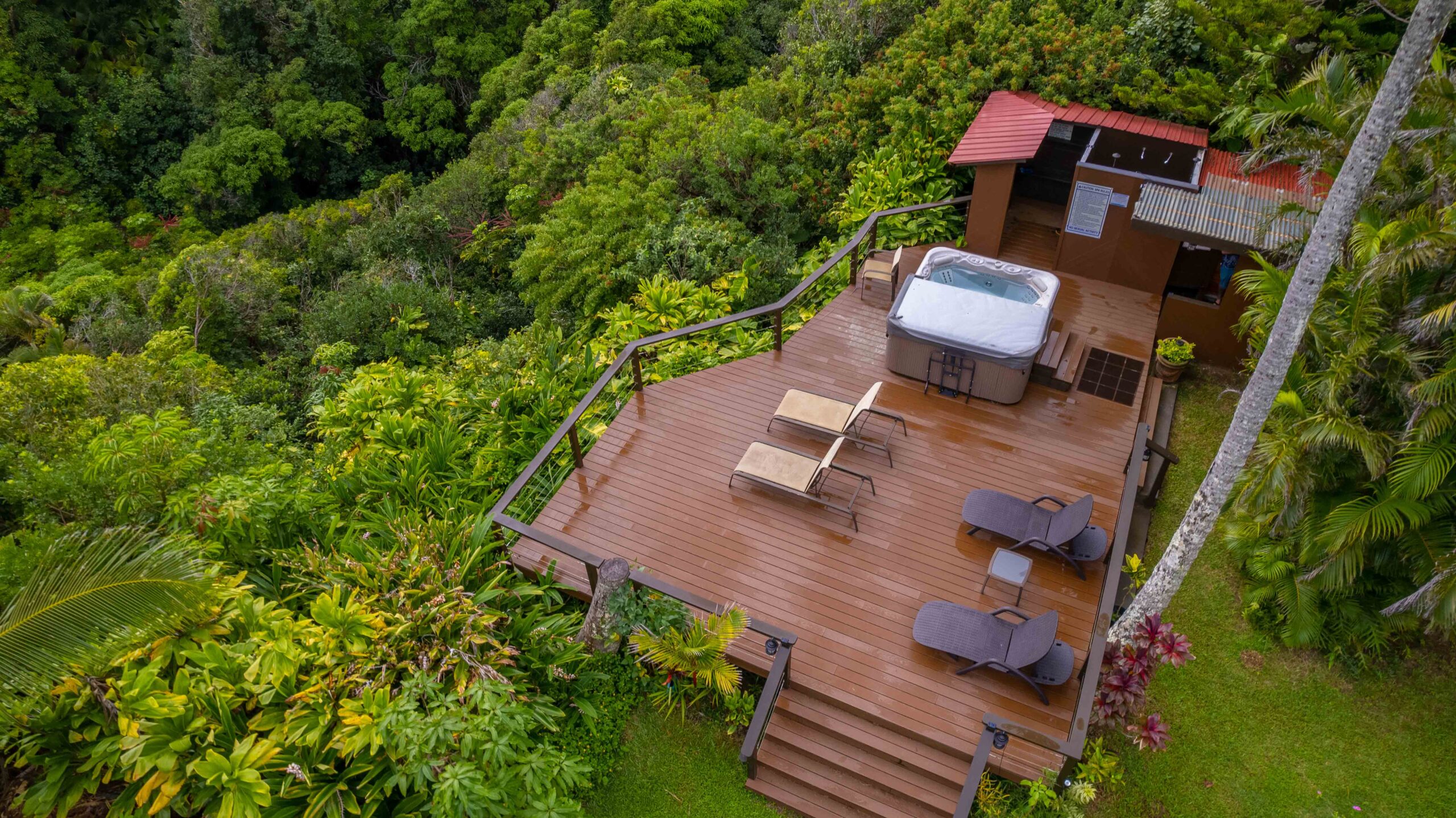 A wooden deck with a hot tub, lounge chairs, and tropical plants overlooking dense green foliage.
